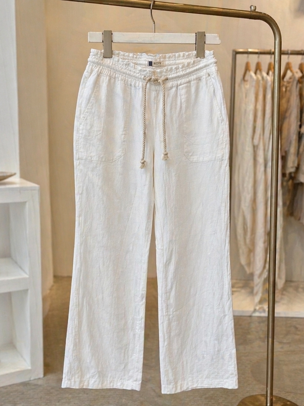 Roxy Cream Linen-Blend Straight Leg Drawstring Pants